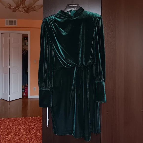 Karl Lagerfeld Velvet Blouson A-Line Dress In Forest Green - Picture 3 of 10